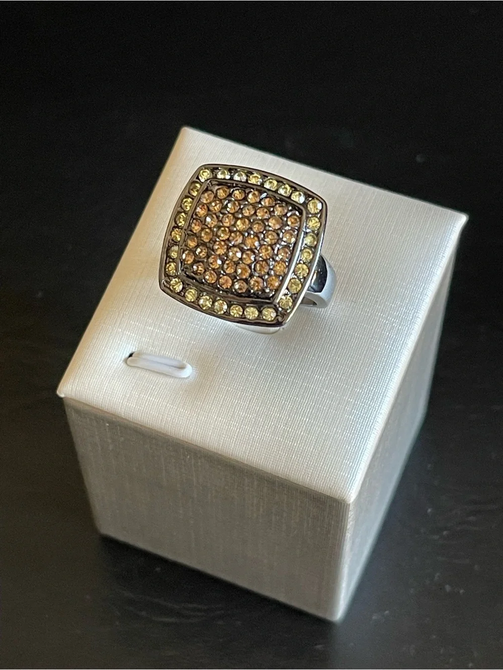 Black silver tone Square Pave Cocktail Ring with Champagne Crystals